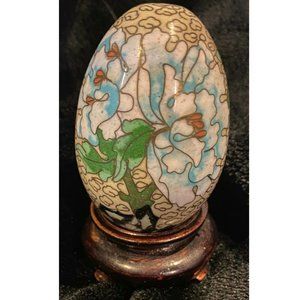 Antique Cloisonne Egg: Vintage with smooth surface &  wooden base 1700s-1800s